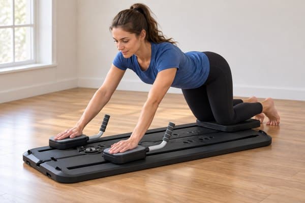 Vrouw oefent met de schuifsteunen van een FitFirst Pilates board