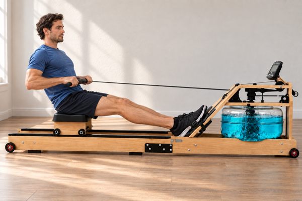 Man roeit op een houten FitFirst waterroeitrainer