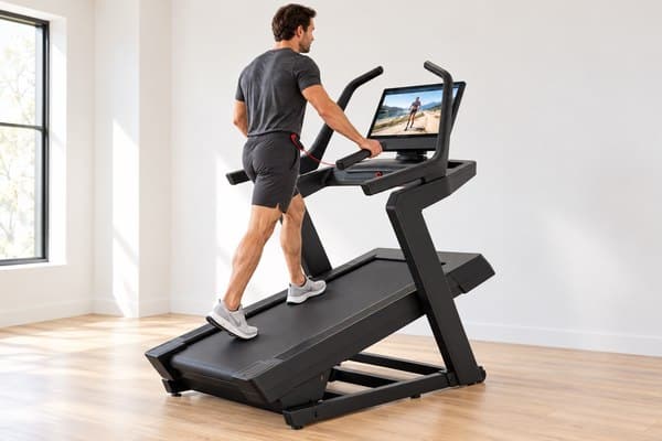Volwassene wandelt bergop op de NordicTrack X24