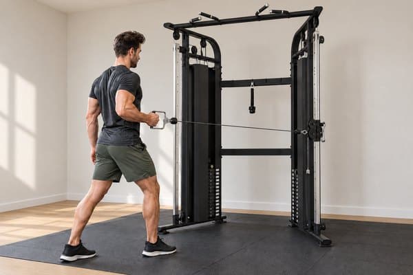 Volwassene doet een eenarmige roeioefening aan de VirtuFit CC100