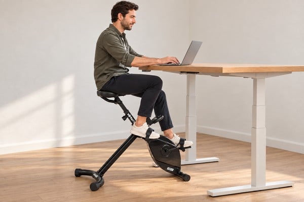 Volwassene fietst op de VirtuFit DB100 aan een verstelbaar bureau