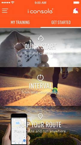 iConsole+ Training startscherm met trainingskeuzes