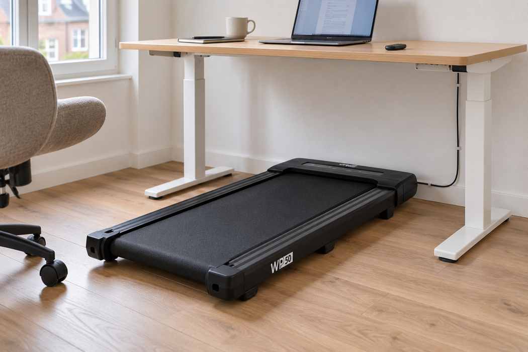 VirtuFit WP50 walking pad onder een in hoogte verstelbaar bureau